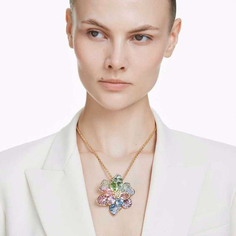 Idyllia Anhänger und Brosche, verschiedene Größen, Pavé-Fassung, Blumenmuster, mehrfarbig, verschiedene Metalloberflächen