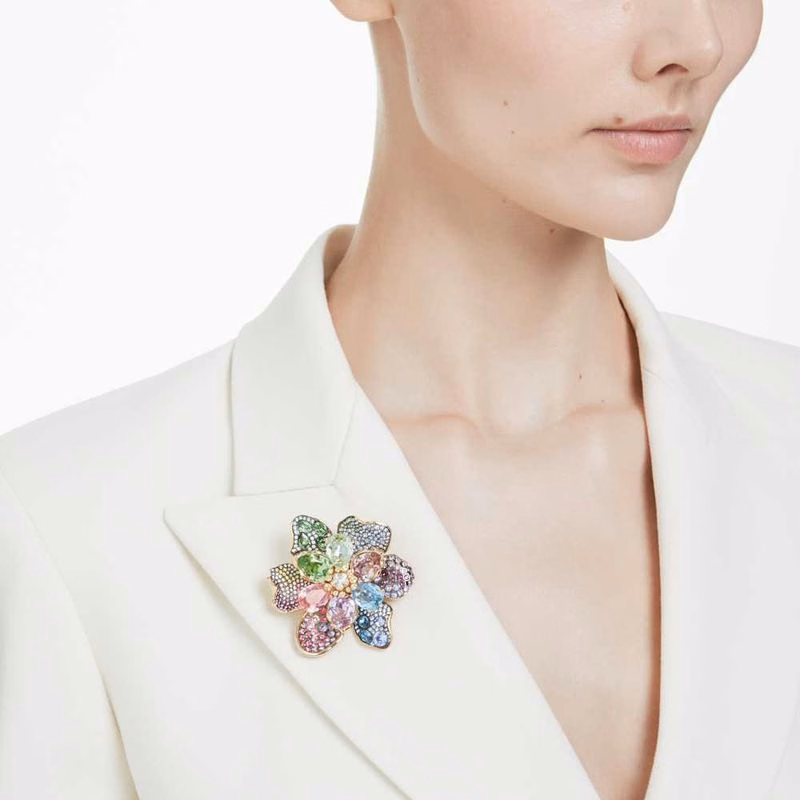 Idyllia Anhänger und Brosche, verschiedene Größen, Pavé-Fassung, Blumenmuster, mehrfarbig, verschiedene Metalloberflächen