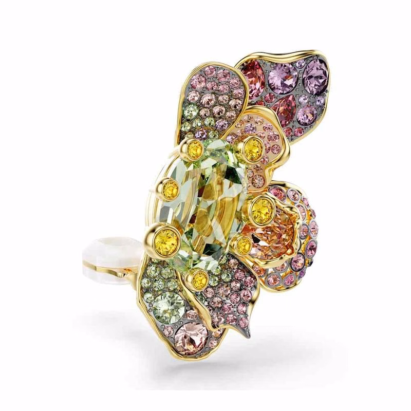 Idyllia Clip-Ohrringe, verschiedene Größen, Pavé-Fassung, Blumenmuster, mehrfarbig, verschiedene Metalloberflächen