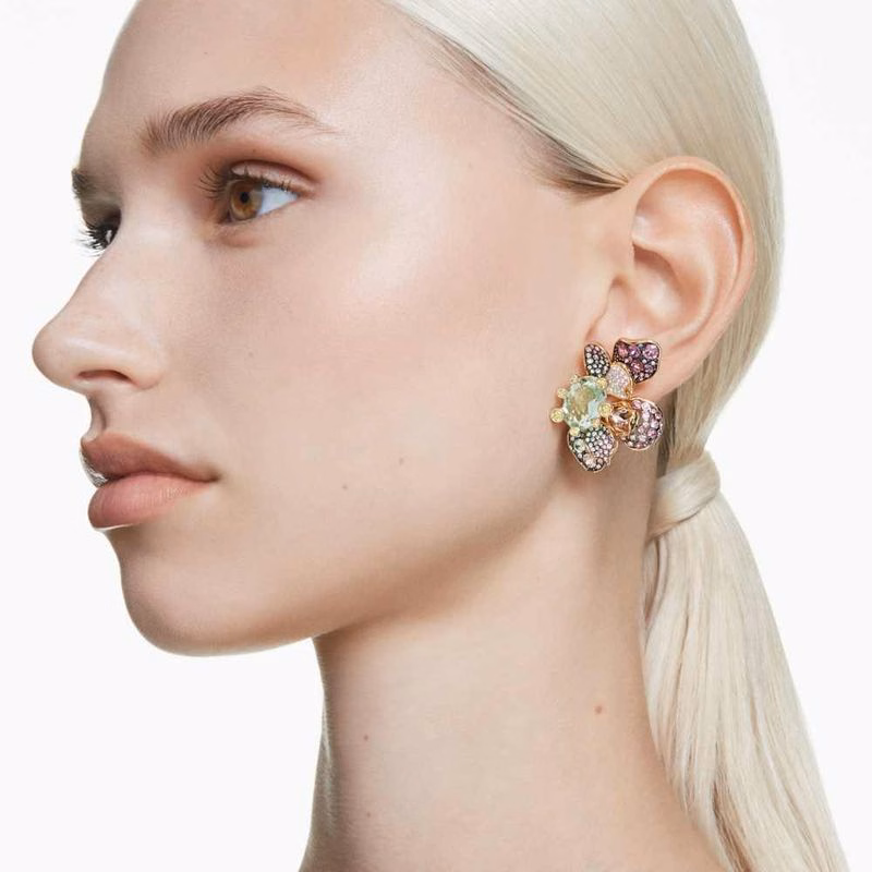 Idyllia Clip-Ohrringe, verschiedene Größen, Pavé-Fassung, Blumenmuster, mehrfarbig, verschiedene Metalloberflächen