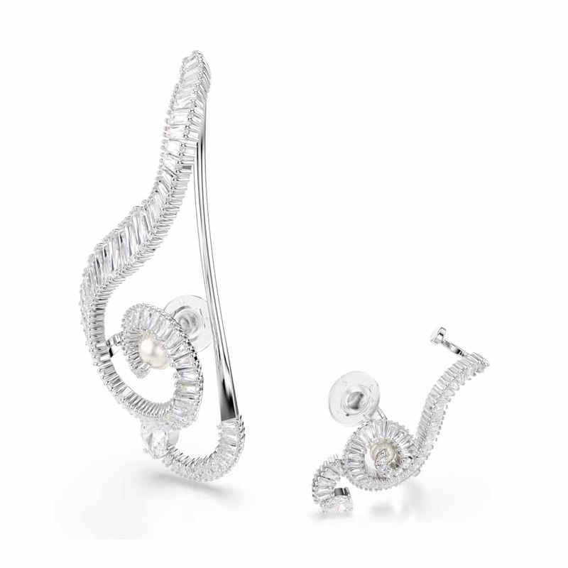 Ariana Grande x Swarovski Clip-Ohrringe, asymmetrisches Design, Kristallperle, Baguetteschliff, Weiß, rhodiniert