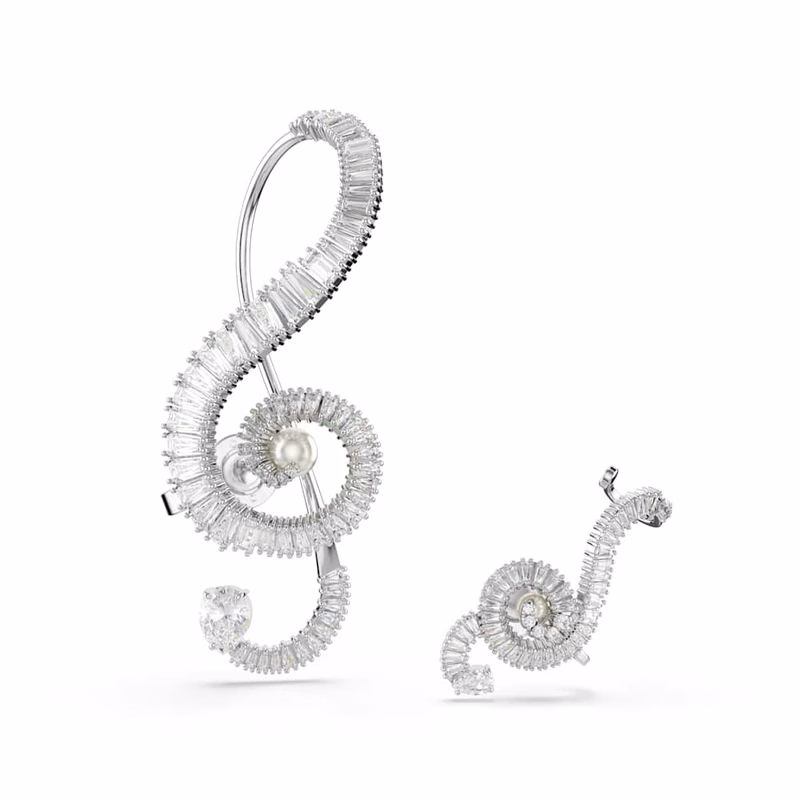 Ariana Grande x Swarovski Clip-Ohrringe, asymmetrisches Design, Kristallperle, Baguetteschliff, Weiß, rhodiniert
