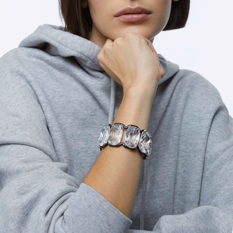 Harmonia-Armband, großer schwebender Kristall, Weiß, verschiedene Metalloberflächen