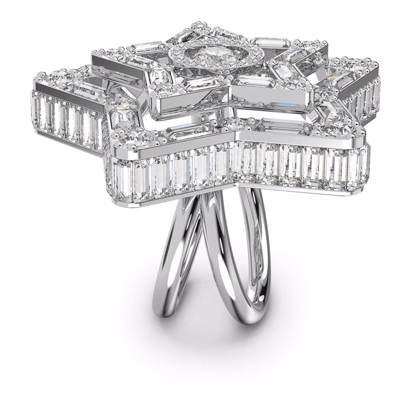 Stella Cocktailring, Stern, Weiß, Rhodium-plattiert