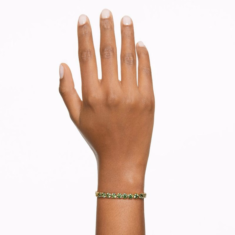 Matrix Tennisarmband, runder Schliff, mittelgroß, grün, goldfarben plattiert