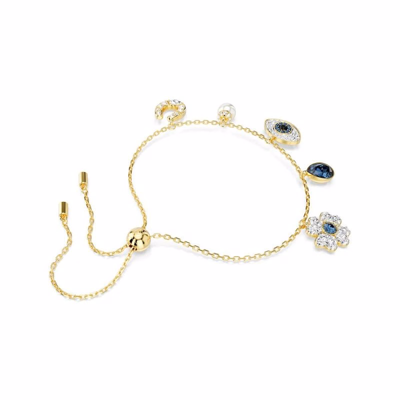 Symbolisches Armband mit Kleeblatt, Nazar-Amulett und Hufeisen, blau, goldfarben plattiert