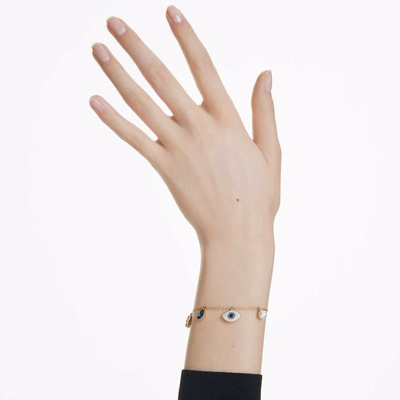 Symbolisches Armband mit Kleeblatt, Nazar-Amulett und Hufeisen, blau, goldfarben plattiert