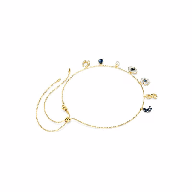 Symbolisches Halsband, Mond, Unendlichkeitssymbol, Kleeblatt, Böser Blick und Hufeisen, blau, goldfarbene Vergoldung
