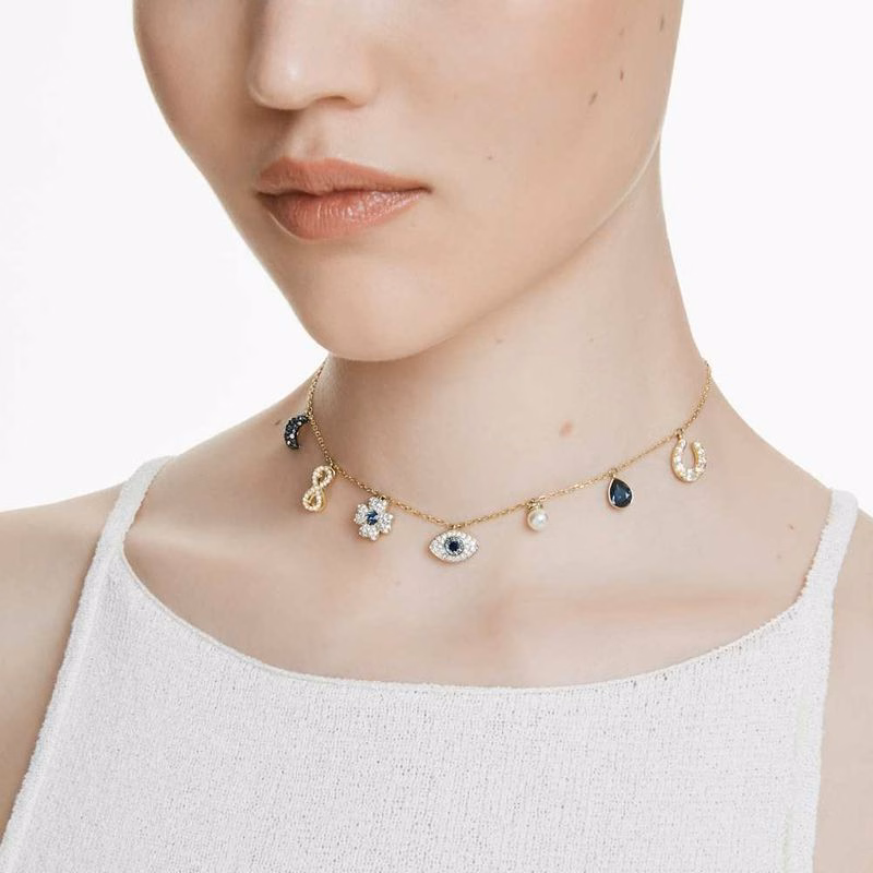 Symbolisches Halsband, Mond, Unendlichkeitssymbol, Kleeblatt, Böser Blick und Hufeisen, blau, goldfarbene Vergoldung