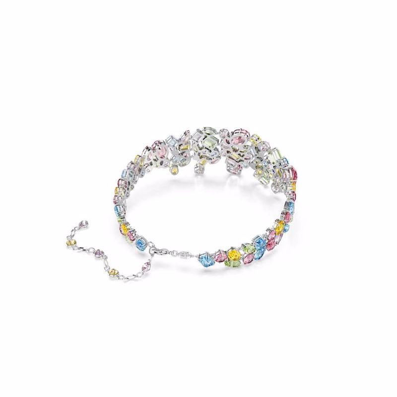 Edelstein-Choker, verschiedene Größen, mehrfarbig, rhodiniert