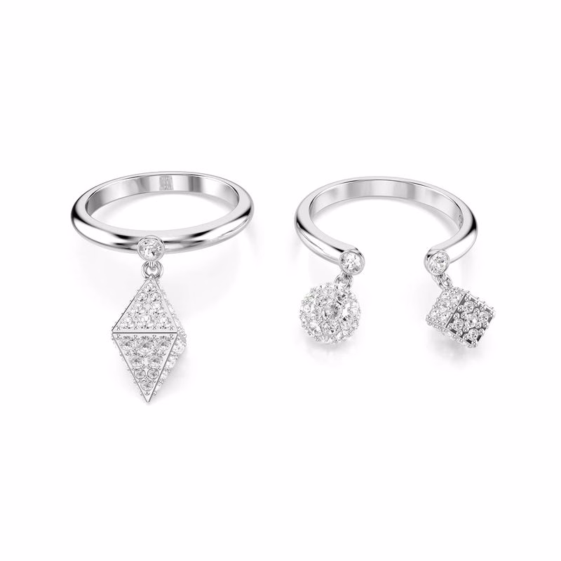 Dextera Ring, Set (2), Kugel und Würfel, Weiß, rhodiniert