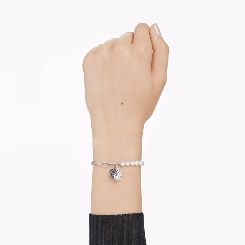 Schwanenarmband, Kristallperle, Schwan, Schwarz, Rhodiumplattiert