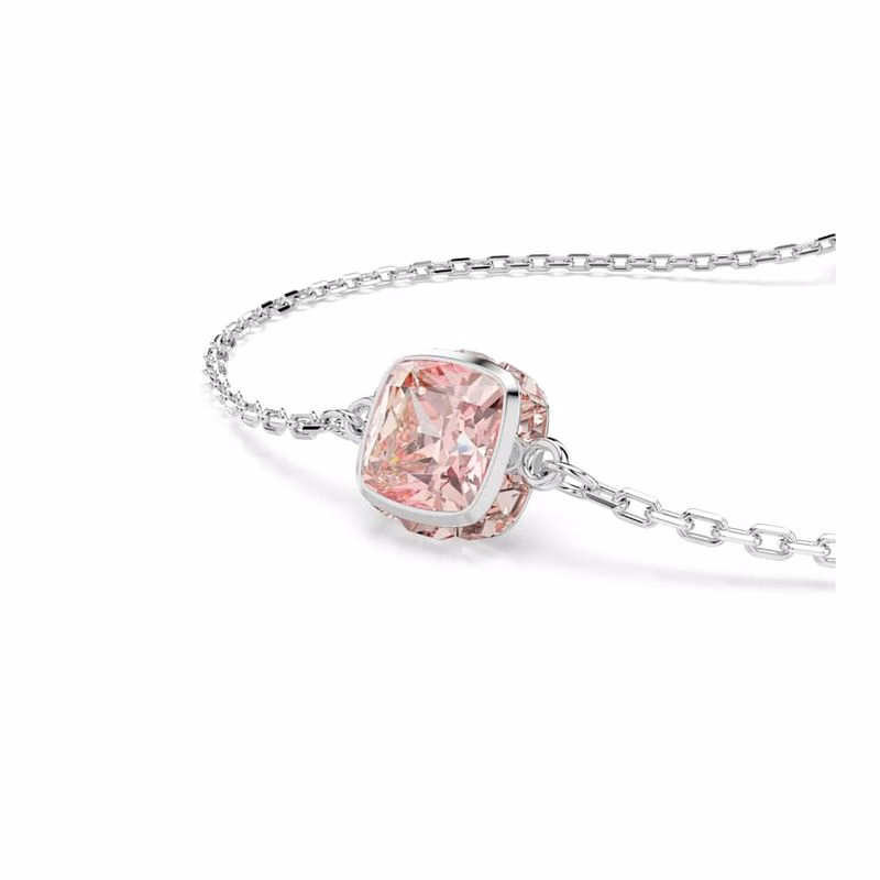 Geburtssteinarmband, quadratisch geschliffen, Juni, Rosa, rhodiniert