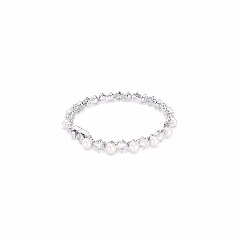 Matrix Tennisarmband, Kristallperle, Rundschliff, Weiß, Rhodium-plattiert