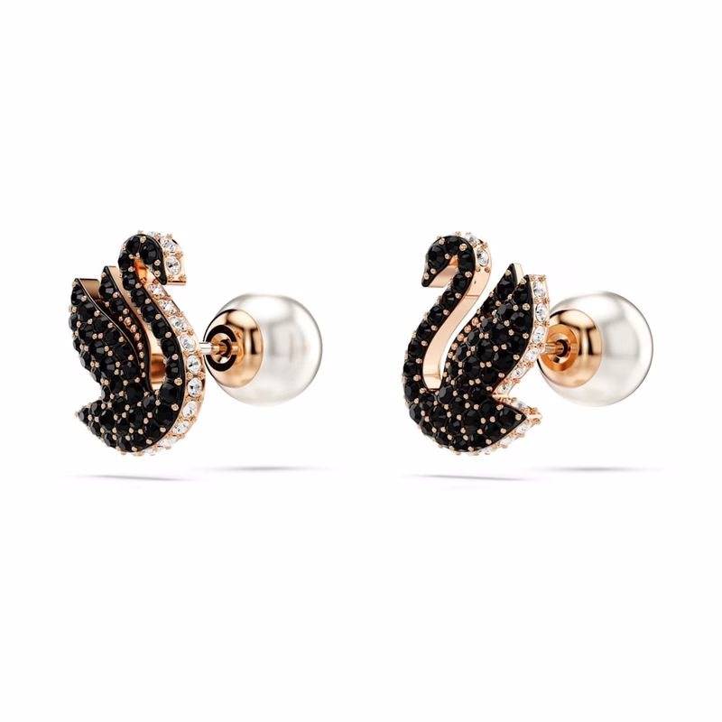 Swarovski Schwanen-Ohrstecker, Schwarz, Roségold-Überzug