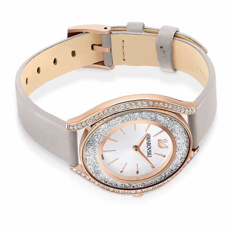 Crystalline Aura Uhr, Lederarmband, Grau, Roségoldfarbenes PVD