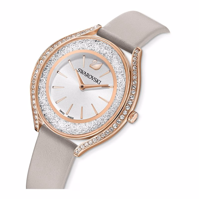 Crystalline Aura Uhr, Lederarmband, Grau, Roségoldfarbenes PVD