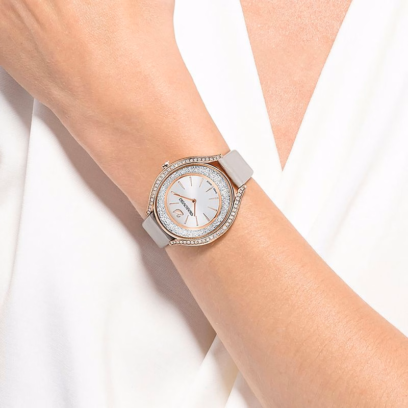 Crystalline Aura Uhr, Lederarmband, Grau, Roségoldfarbenes PVD