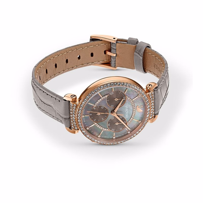 Passage Chrono Uhr, Lederarmband, Grau, Roségoldfarben PVD