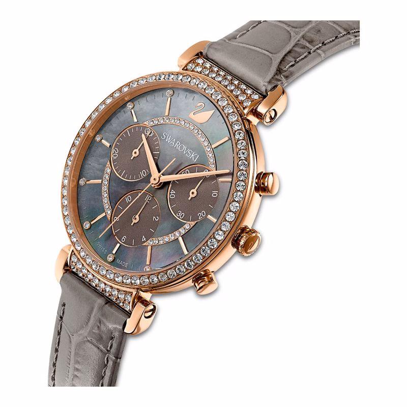 Passage Chrono Uhr, Lederarmband, Grau, Roségoldfarben PVD