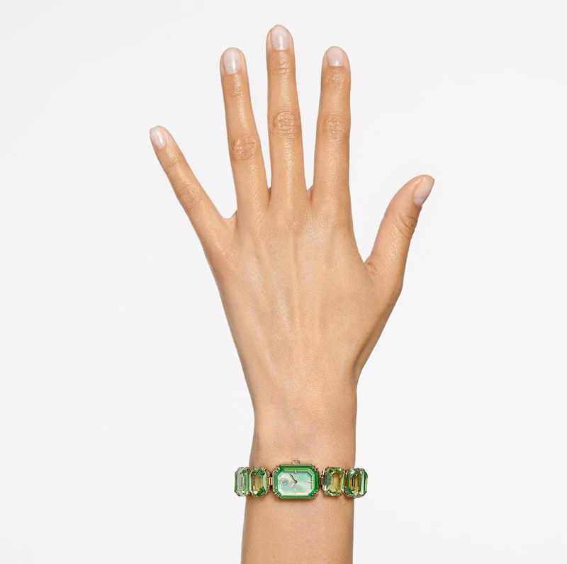 Uhr, achteckig geschliffenes Armband, Grün, champagnerfarbenes Goldfinish