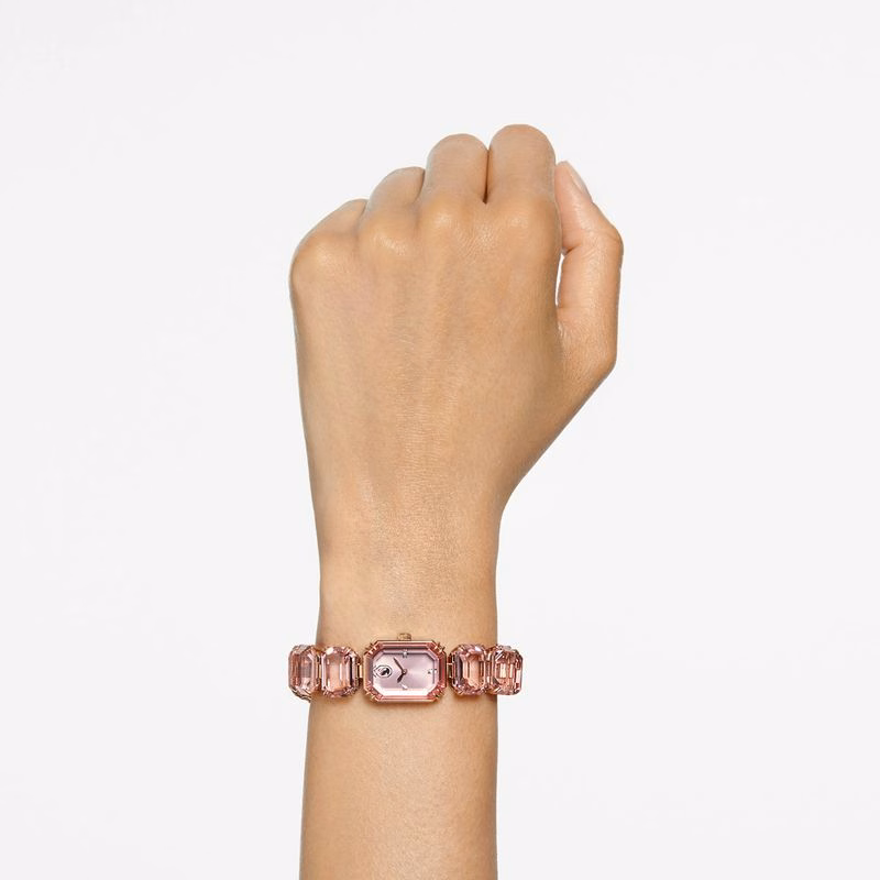 Uhr, achteckiges Armband, rosa, roségoldfarbenes Finish