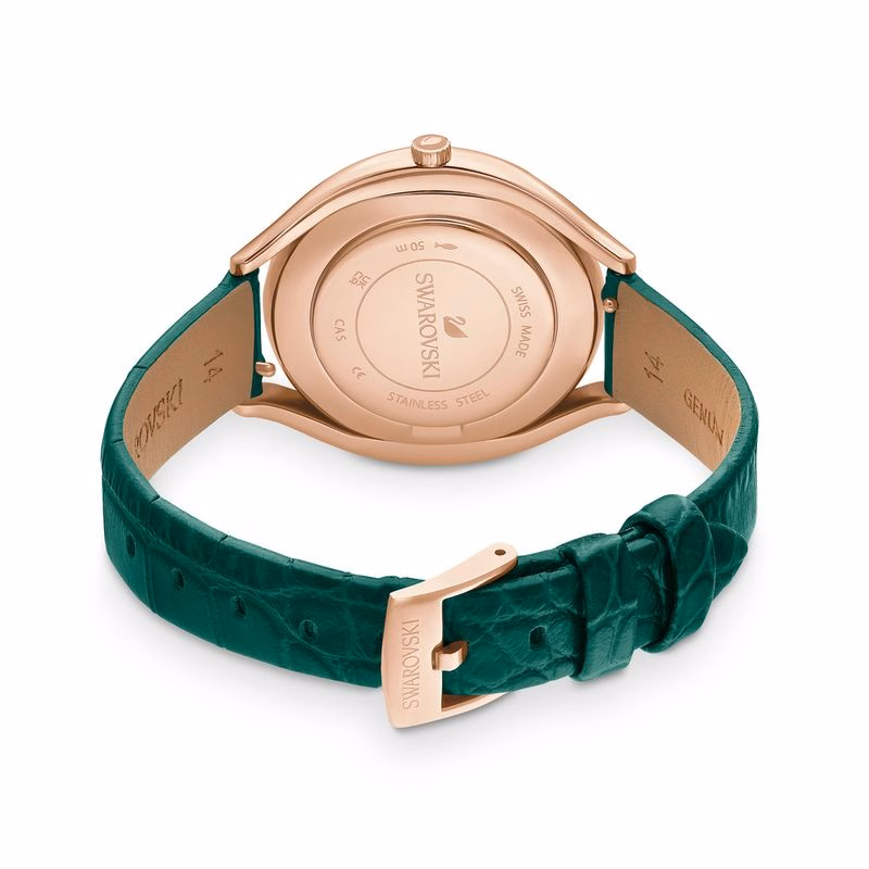 Crystalline Aura Uhr, Swiss Made, Lederarmband, Grün, Roségoldfarbenes Finish