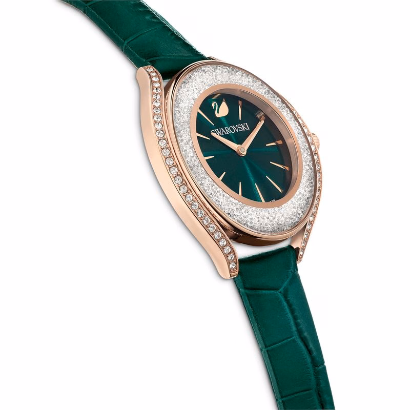 Crystalline Aura Uhr, Swiss Made, Lederarmband, Grün, Roségoldfarbenes Finish
