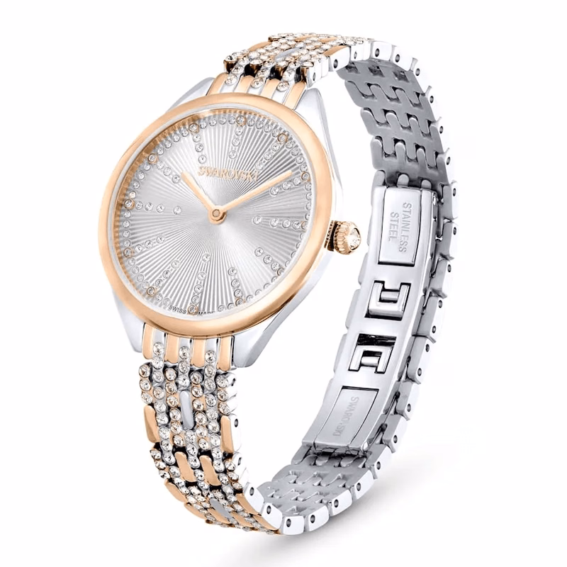Attract Uhr, Swiss Made, Pavé-Fassung, Metallarmband, Roségoldfarben, Metallmix