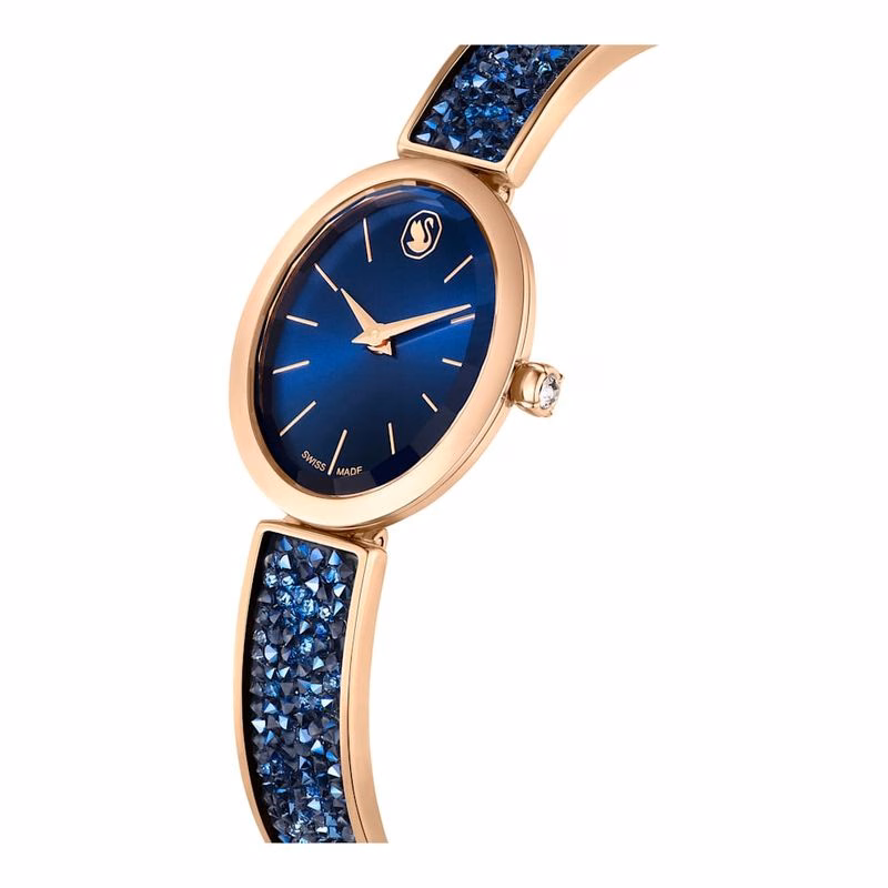 Ovale Kristalluhr, Swiss Made, Kristallarmband, Blau, Roségoldfarbenes Finish