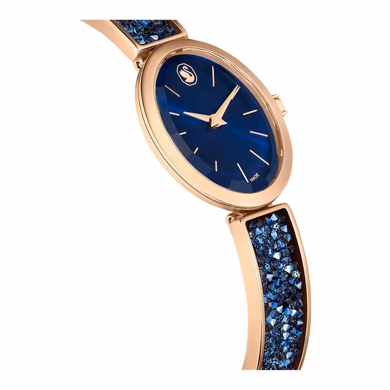 Ovale Kristalluhr, Swiss Made, Kristallarmband, Blau, Roségoldfarbenes Finish