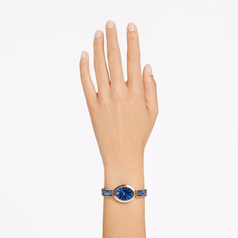 Ovale Kristalluhr, Swiss Made, Kristallarmband, Blau, Roségoldfarbenes Finish
