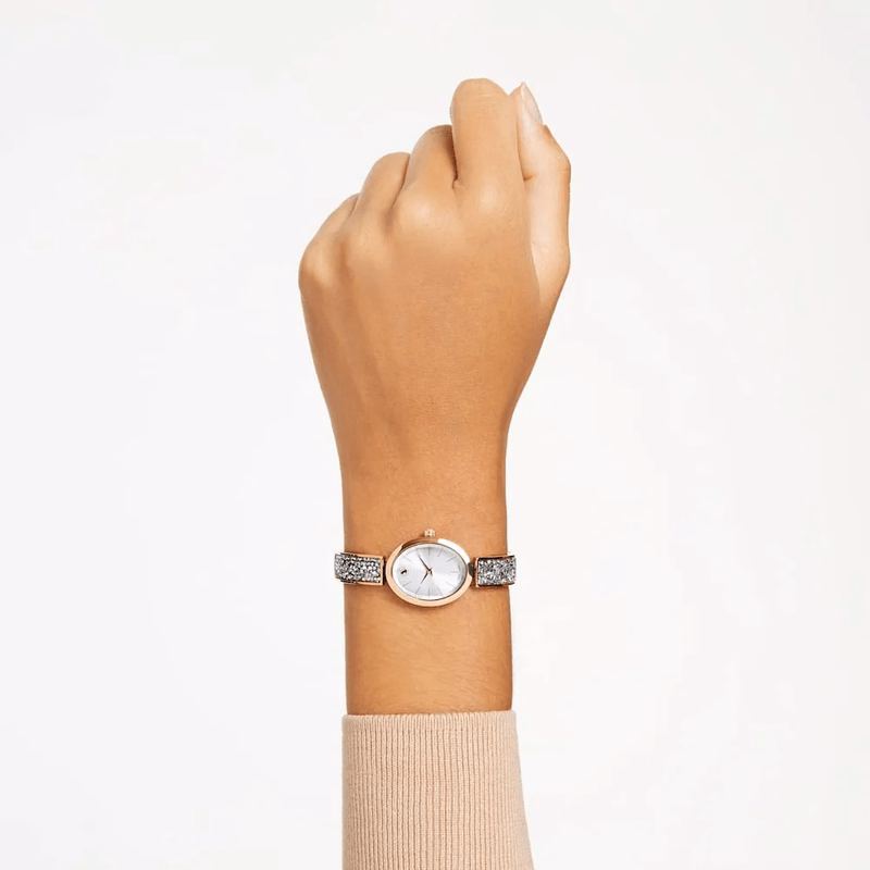 Ovale Crystal Rock Uhr, Swiss Made, Metallarmband, Roségoldfarben, Roségoldfarbenes Finish