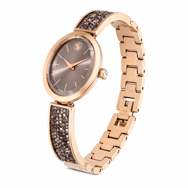 Ovale Crystal Rock Uhr, Swiss Made, Metallarmband, Schwarz, Roségoldfarben