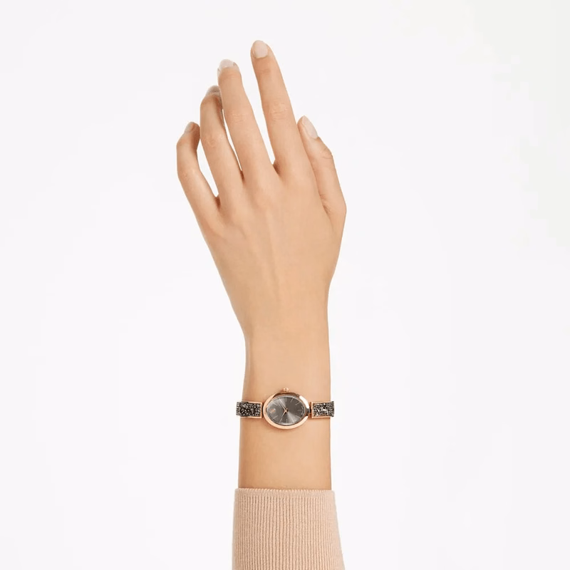 Ovale Crystal Rock Uhr, Swiss Made, Metallarmband, Schwarz, Roségoldfarben