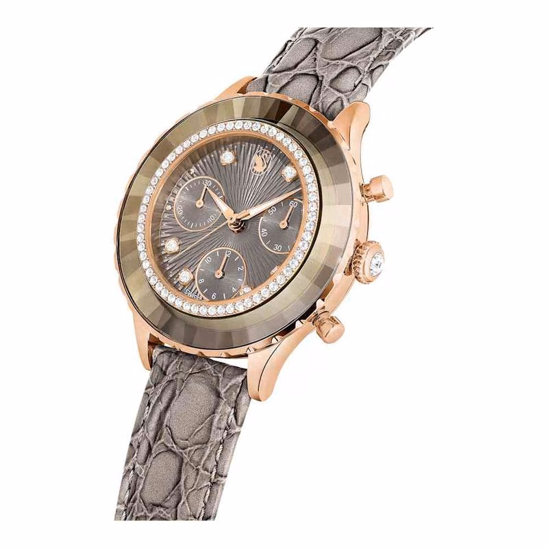 Octea Chrono Uhr, Swiss Made, Lederarmband, Grau, Roségoldfarbenes Finish