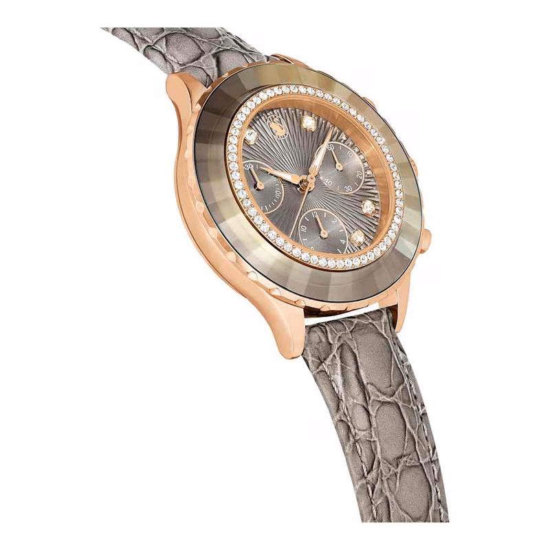 Octea Chrono Uhr, Swiss Made, Lederarmband, Grau, Roségoldfarbenes Finish