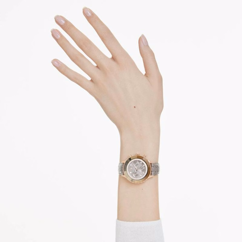 Octea Chrono Uhr, Swiss Made, Lederarmband, Grau, Roségoldfarbenes Finish