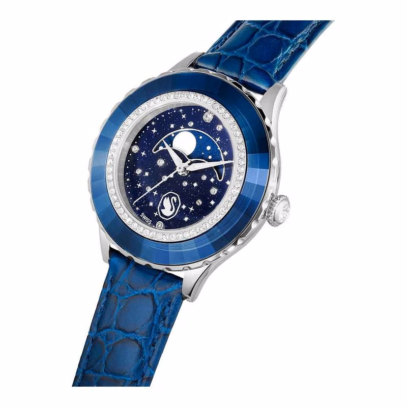 Octea Monduhr, Swiss Made, Mond, Lederarmband, Blau, Blaue Oberfläche