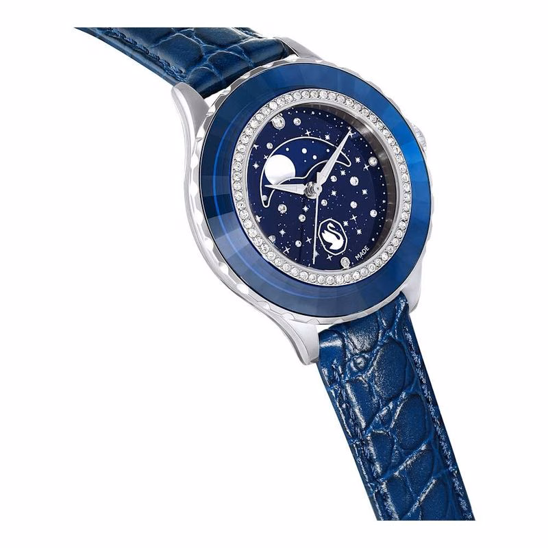 Octea Monduhr, Swiss Made, Mond, Lederarmband, Blau, Blaue Oberfläche