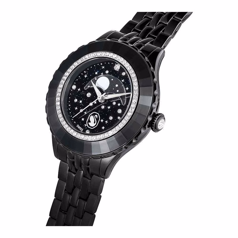 Octea Monduhr, Swiss Made, Mond, Metallarmband, Schwarz, Schwarze Oberfläche