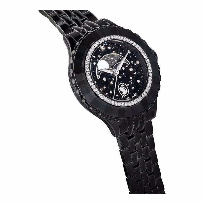 Octea Monduhr, Swiss Made, Mond, Metallarmband, Schwarz, Schwarze Oberfläche