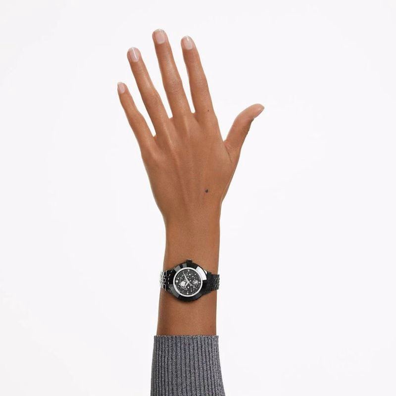 Octea Monduhr, Swiss Made, Mond, Metallarmband, Schwarz, Schwarze Oberfläche