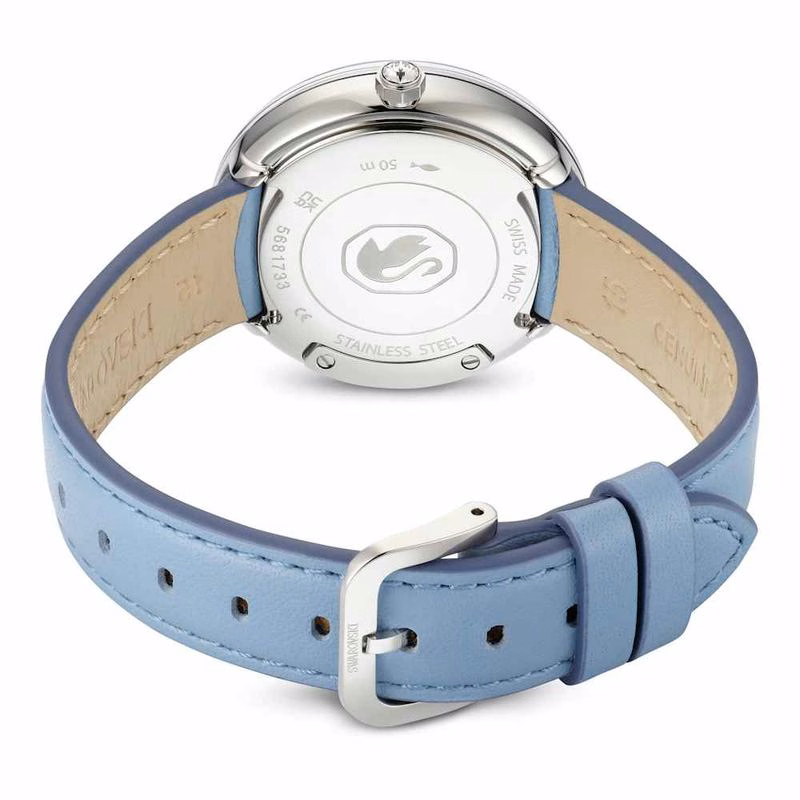 Kristallklare Armbanduhr, Swiss Made, Lederarmband, Blau, Edelstahl
