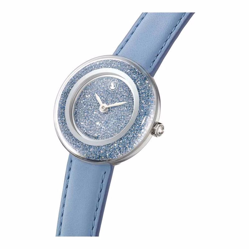 Kristallklare Armbanduhr, Swiss Made, Lederarmband, Blau, Edelstahl