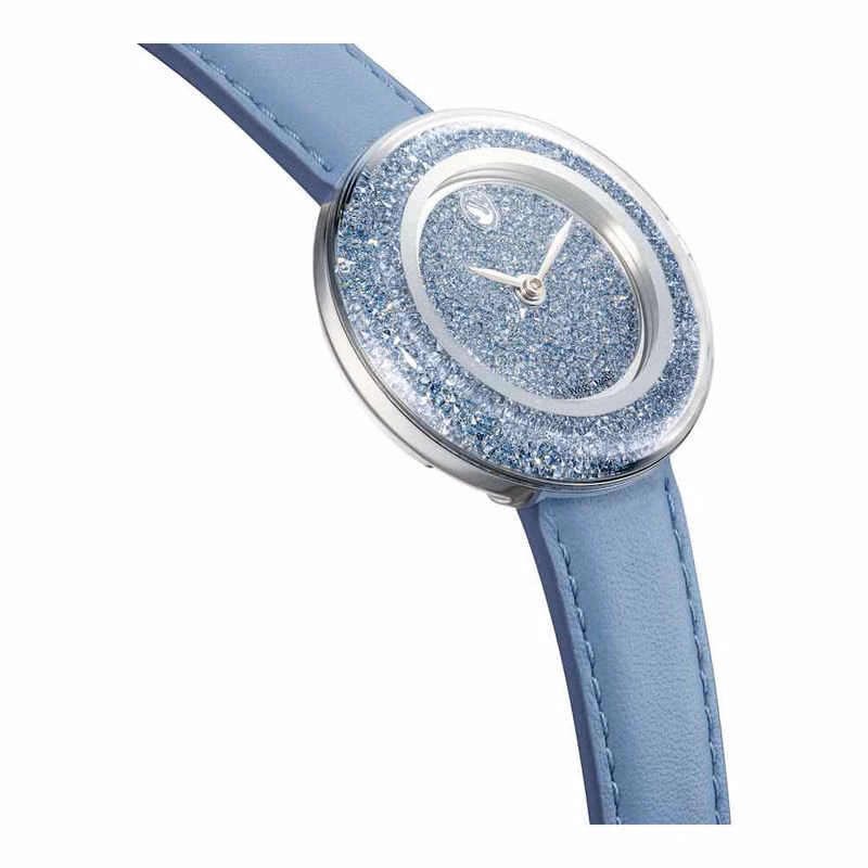 Kristallklare Armbanduhr, Swiss Made, Lederarmband, Blau, Edelstahl