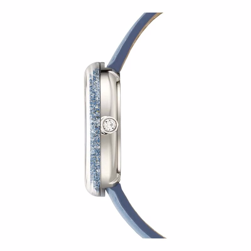 Kristallklare Armbanduhr, Swiss Made, Lederarmband, Blau, Edelstahl