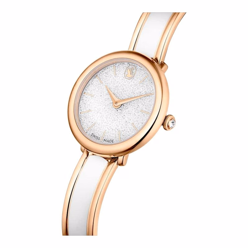 Kristalline Armreifuhr, Swiss Made, Metallarmband, Weiß, Roségoldfarben