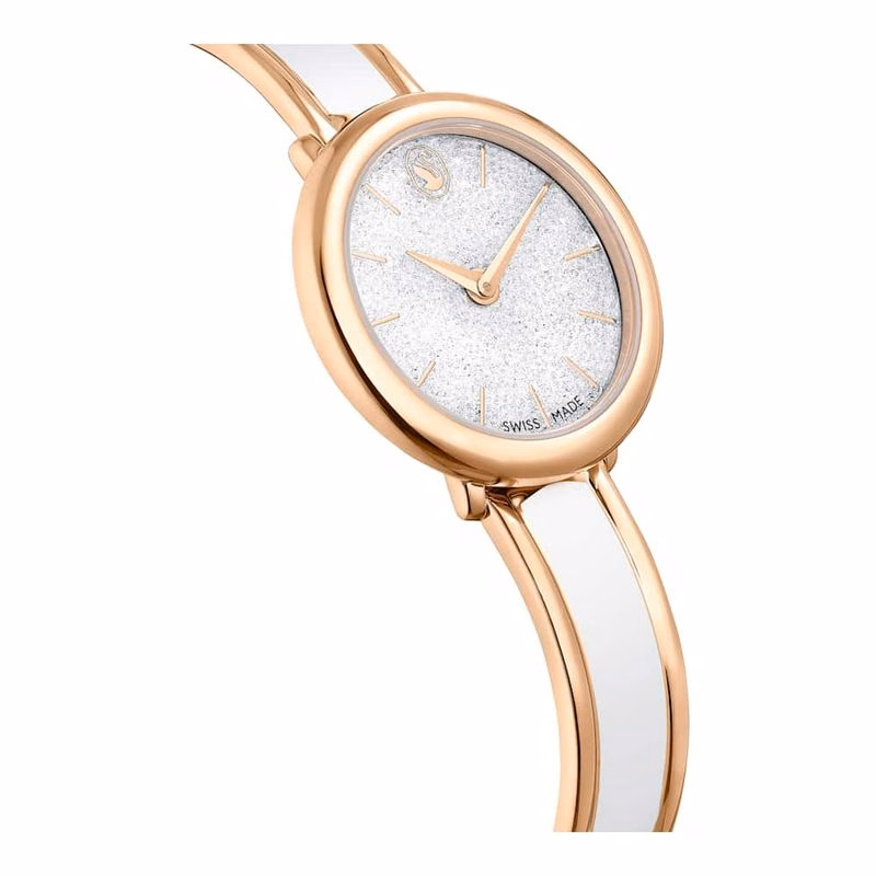 Kristalline Armreifuhr, Swiss Made, Metallarmband, Weiß, Roségoldfarben