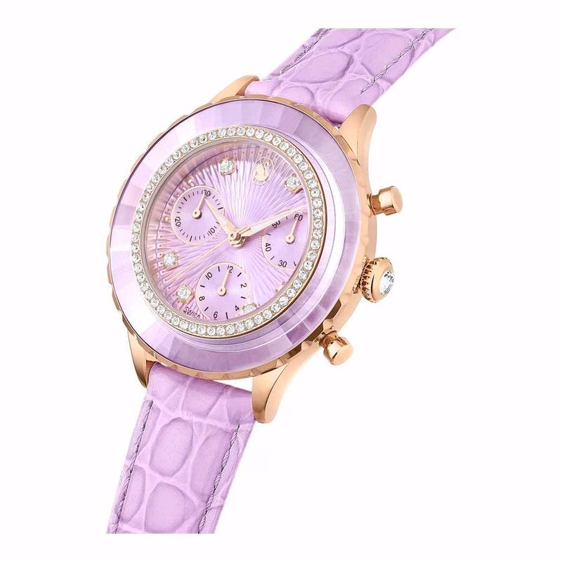 Octea Chrono Uhr, Swiss Made, Lederarmband, Lila, Roségoldfarbenes Finish